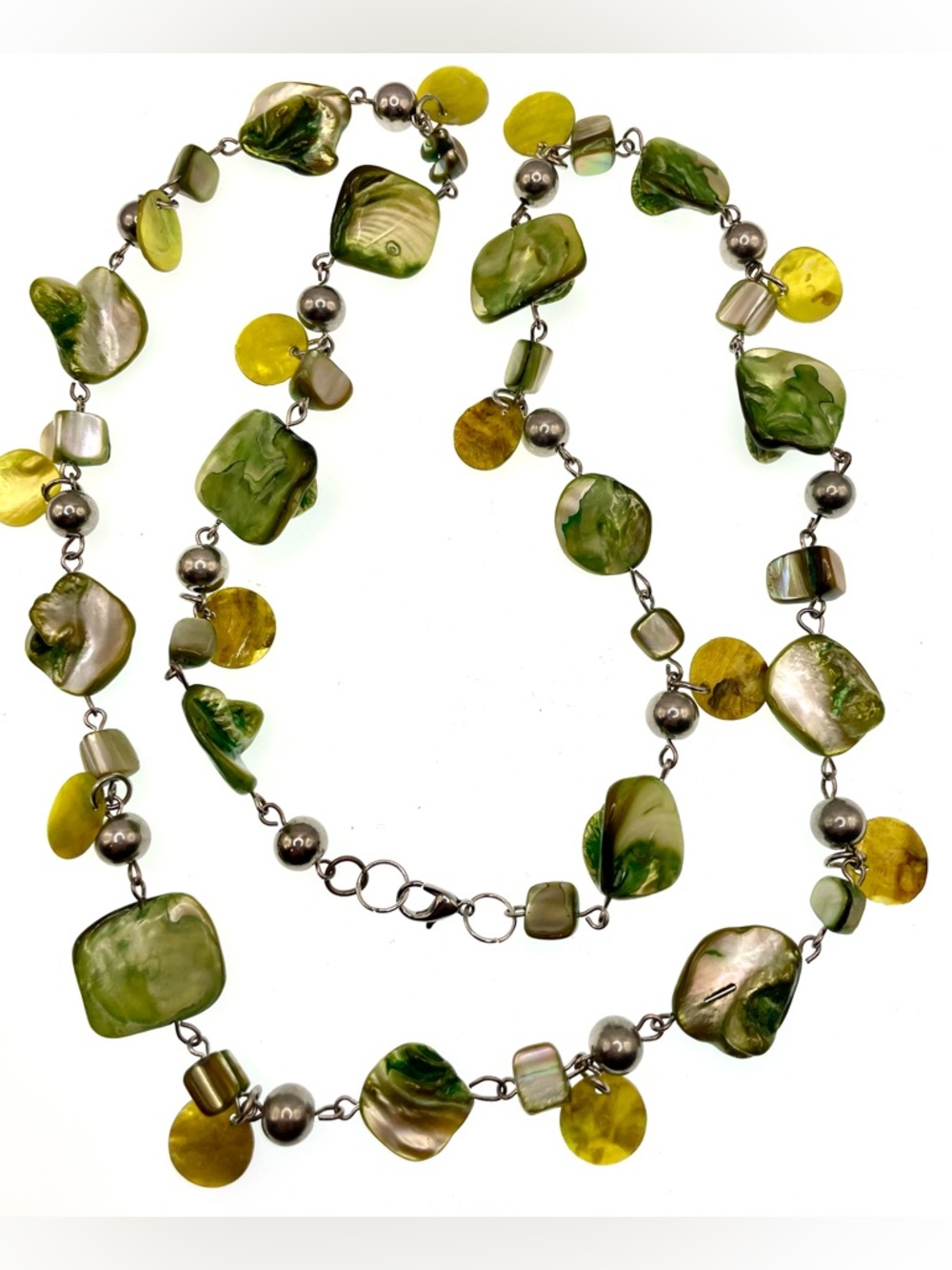 Vintage Green Tone Shell & Silver Tone Bead Necklace Pearlescent Long Statement